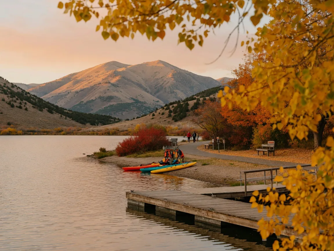Autumn afternoon at Oquirrh Lake in Daybreak, golden cottonwoods framing the water, a wooden dock, kayaks by a small beach, and the Oquirrh Mountains in the background