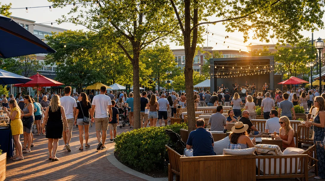 Summer evening community festival at Crocker Park in Westlake, Ohio with string lights, live music, and families gathered on the plaza at golden hour