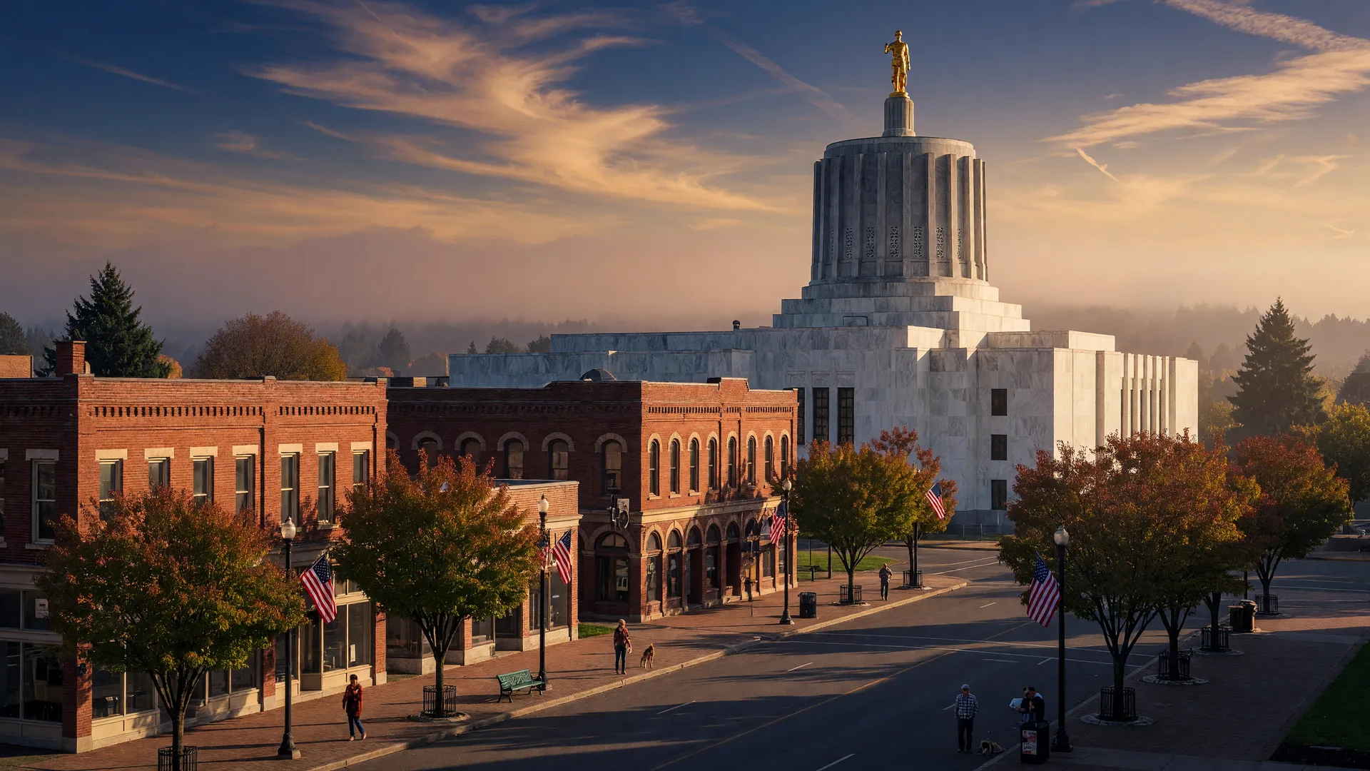 Downtown Salem, Oregon at golden hour with the Oregon State Capitol anchoring the skyline