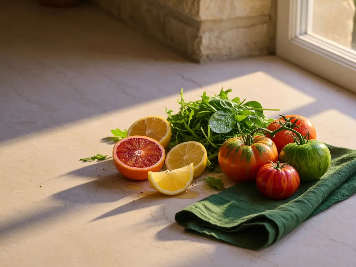 Fresh seasonal produce arranged on a warm stone counter
