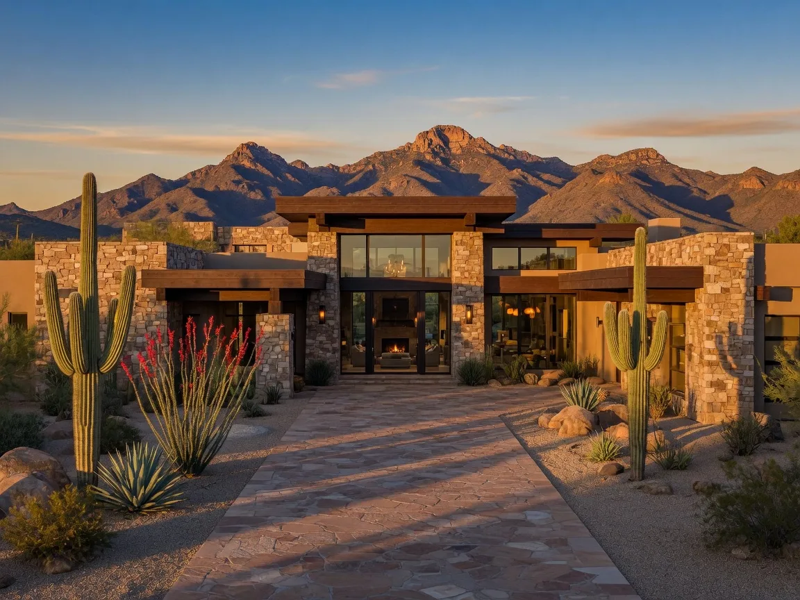 Luxury desert estate at golden hour in North Scottsdale