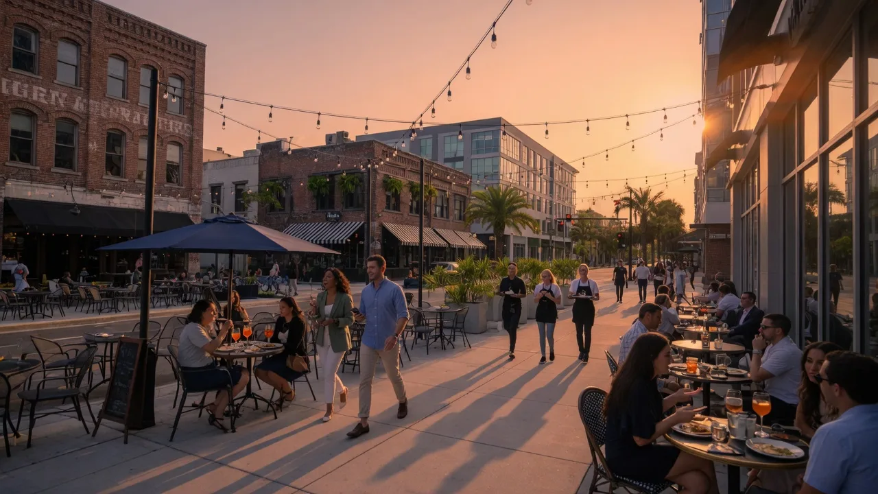 A vibrant downtown Orlando street scene at golden hour with outdoor cafes