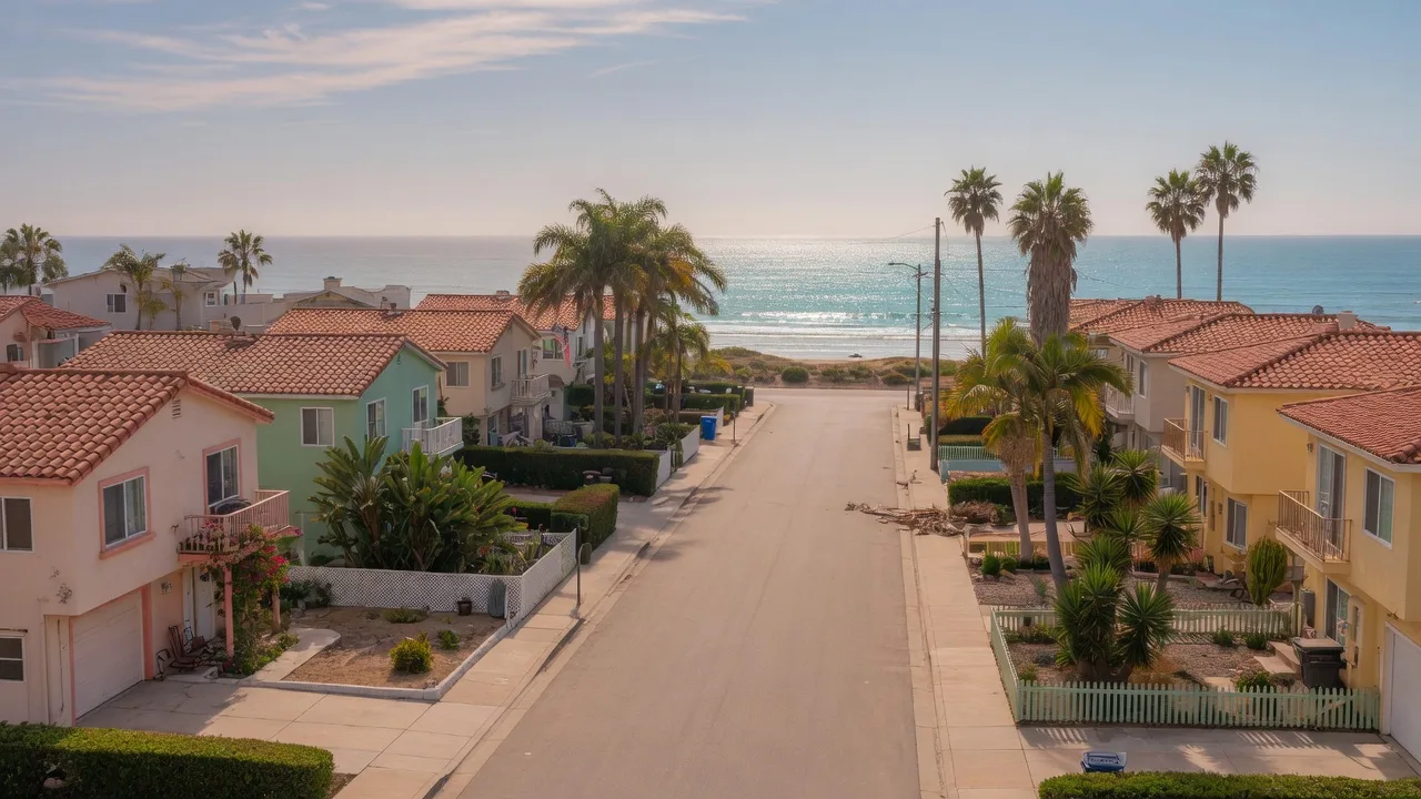 A quiet Imperial Beach residential street in ZIP 91932 on a late-September morning, with low stucco bungalows, tile roofs, palm trees, and the Pacific Ocean glinting at the end of the block