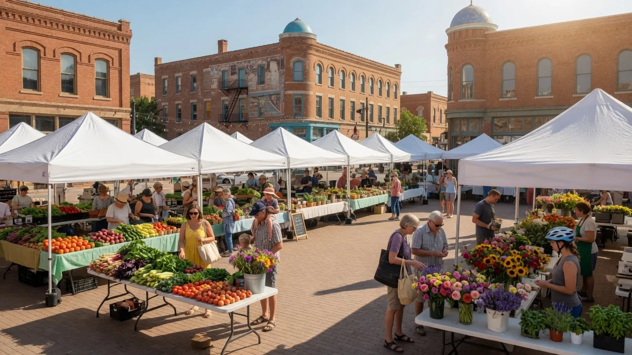 Downtown Midweek Market at Santa Fe Square Plaza in Tulsa with white vendor tents, fresh produce, and shoppers in the Blue Dome District
