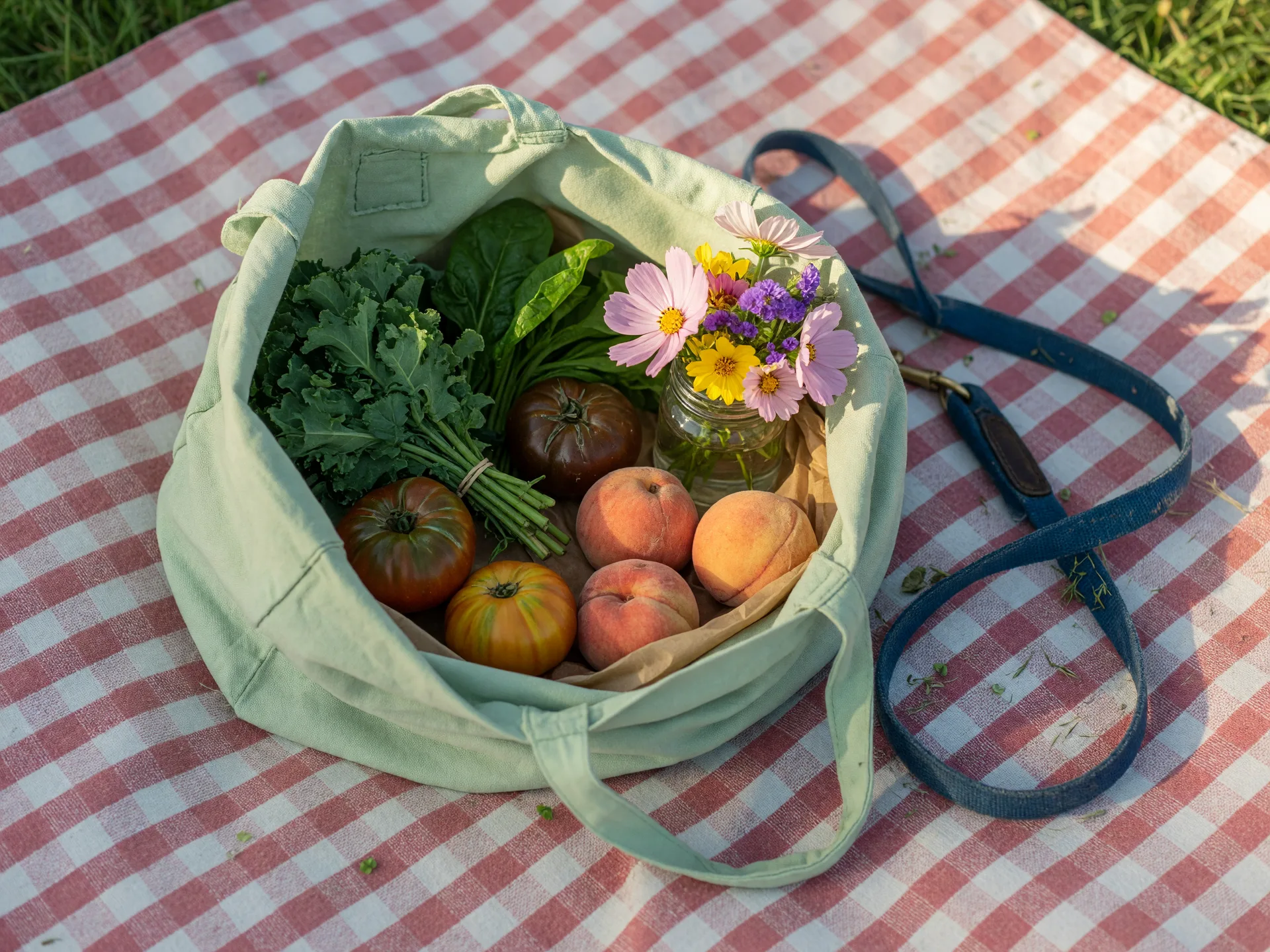 A close-up overhead view of a reusable shopping bag filled with fresh farmers market produce including tomatoes, peaches, and leafy greens, with a dog leash draped nearby