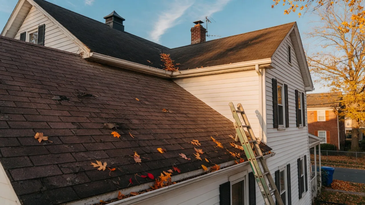 Aged residential roof on a classic South Jersey home with autumn leaves, ladder propped against the side