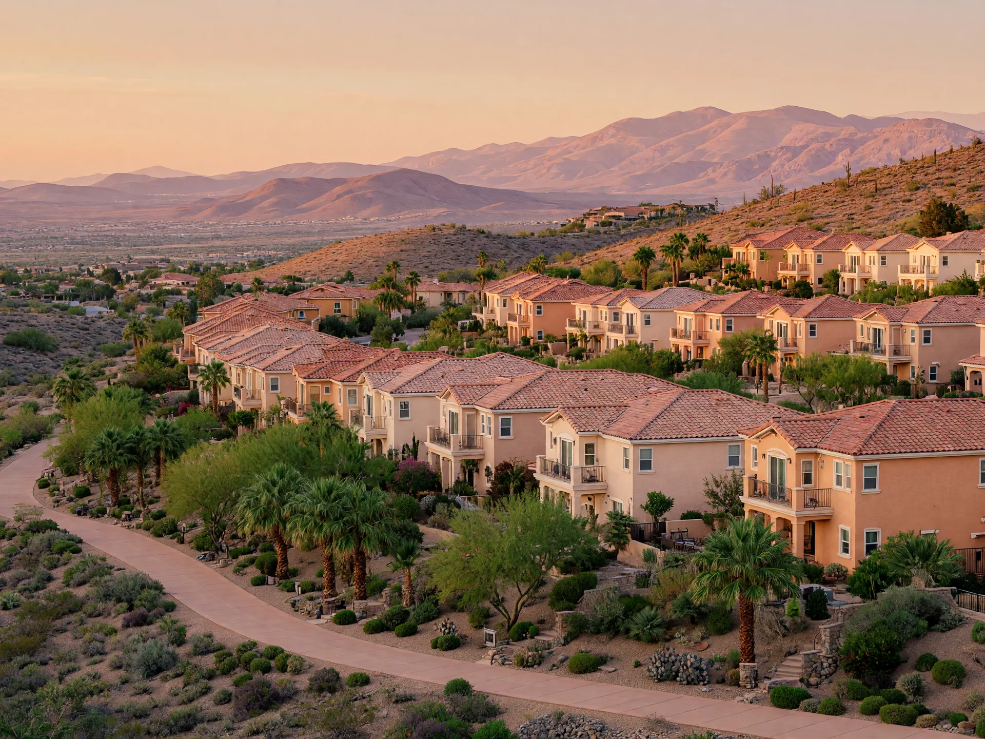 Walking trail and hillside homes in a Henderson master-planned community