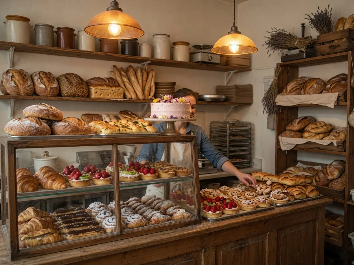 Interior of a cozy local bakery in Delran with display cases of fresh pastries