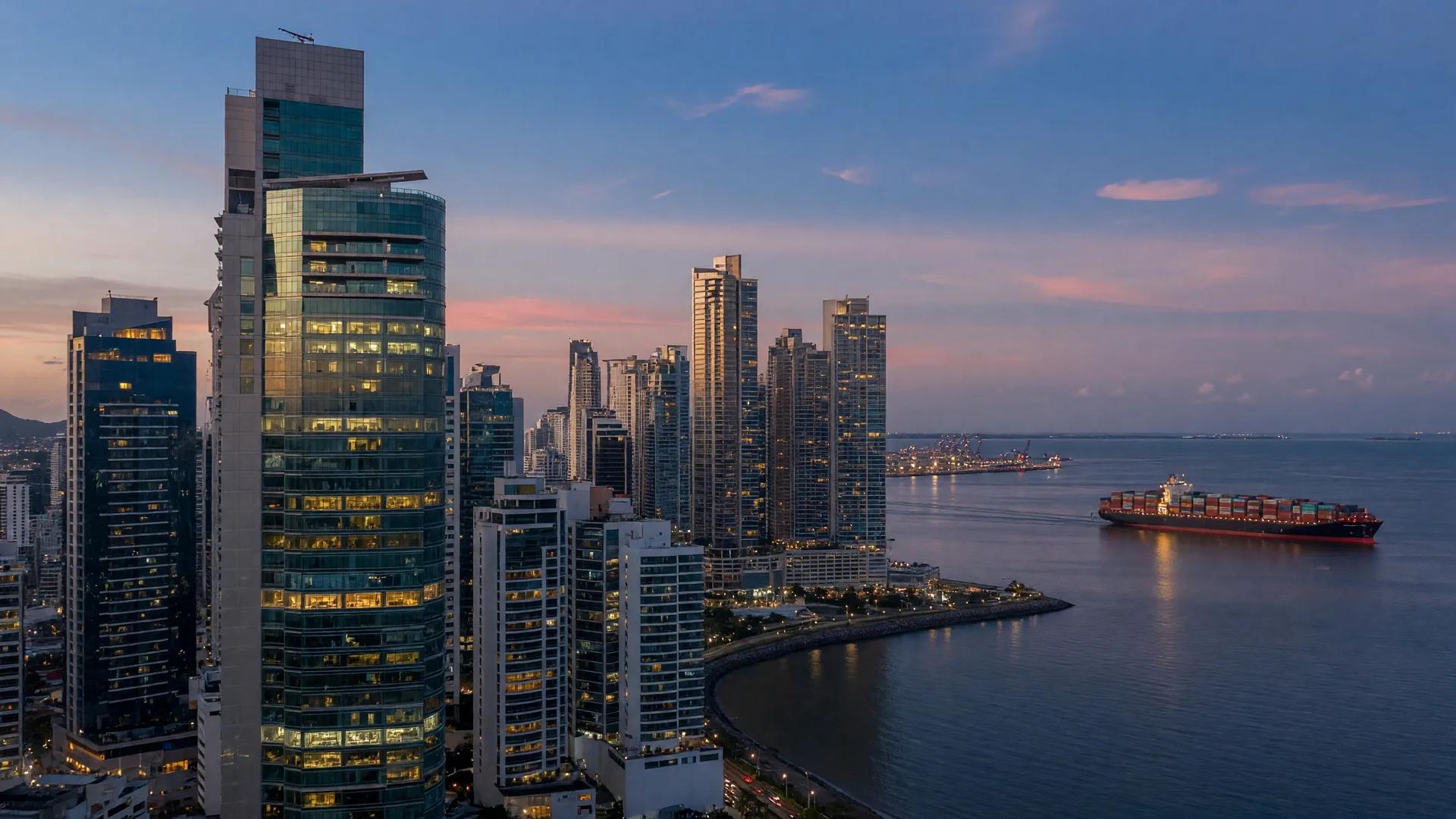 Panama City financial district at dusk with a container ship crossing the bay