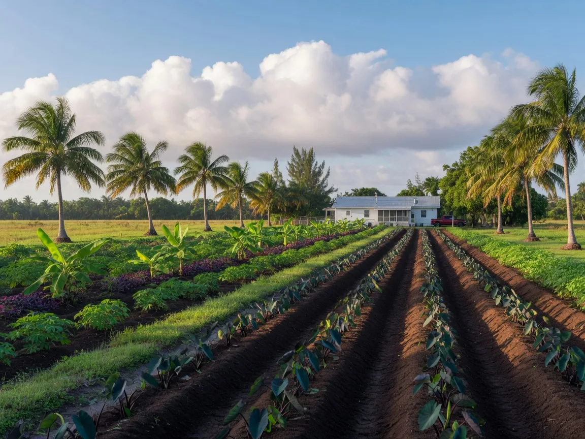 Farmland near Homestead with palm trees under a wide sky
