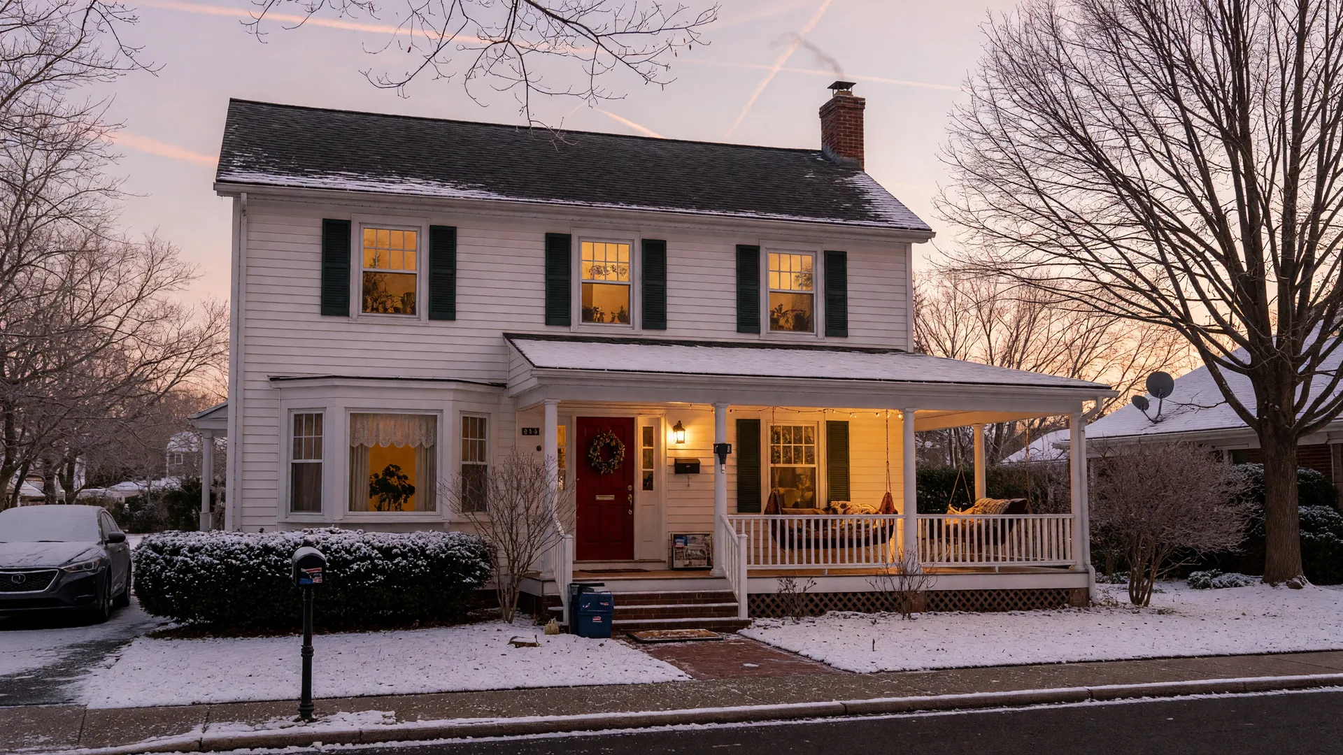 Cozy suburban home in Burlington County with snow on the roof and warm glowing windows on a frosty winter morning