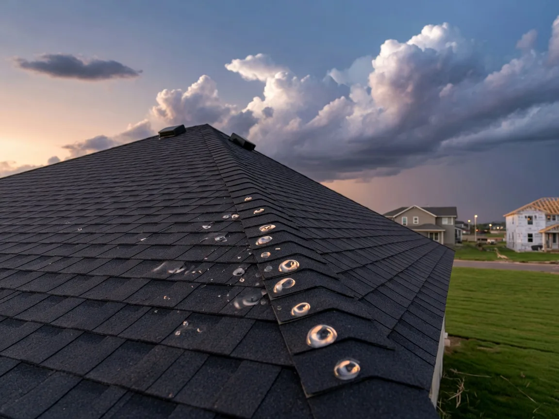 Hail-dented asphalt shingles on the corner of a new North Texas roof under a thunderstorm sky