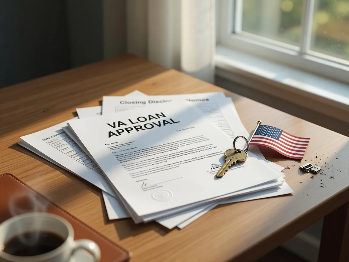 VA loan approval documents, a house key, and an American flag pin on a wooden desk