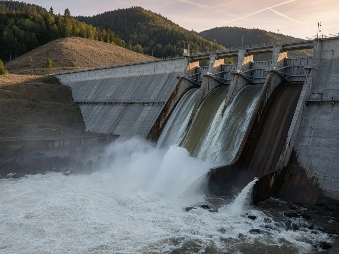 Water releasing through the concrete spillway gates of a large earthen dam, churning white below the towering concrete face