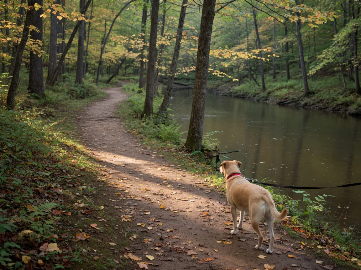 A tan mixed-breed dog on a leash walking along a dirt woodland trail beside a calm river on a crisp early-autumn morning