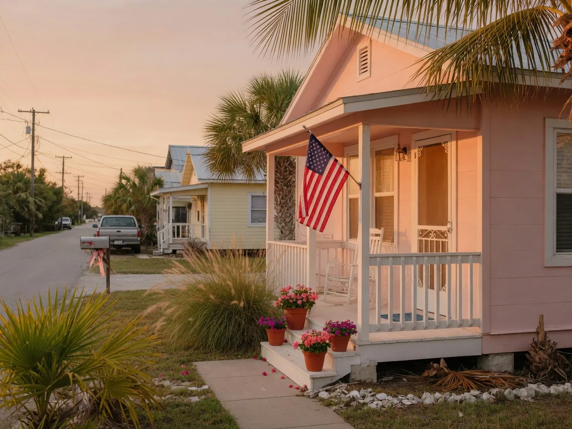A blush pink coastal Texas cottage with a small American flag by the front door at golden hour