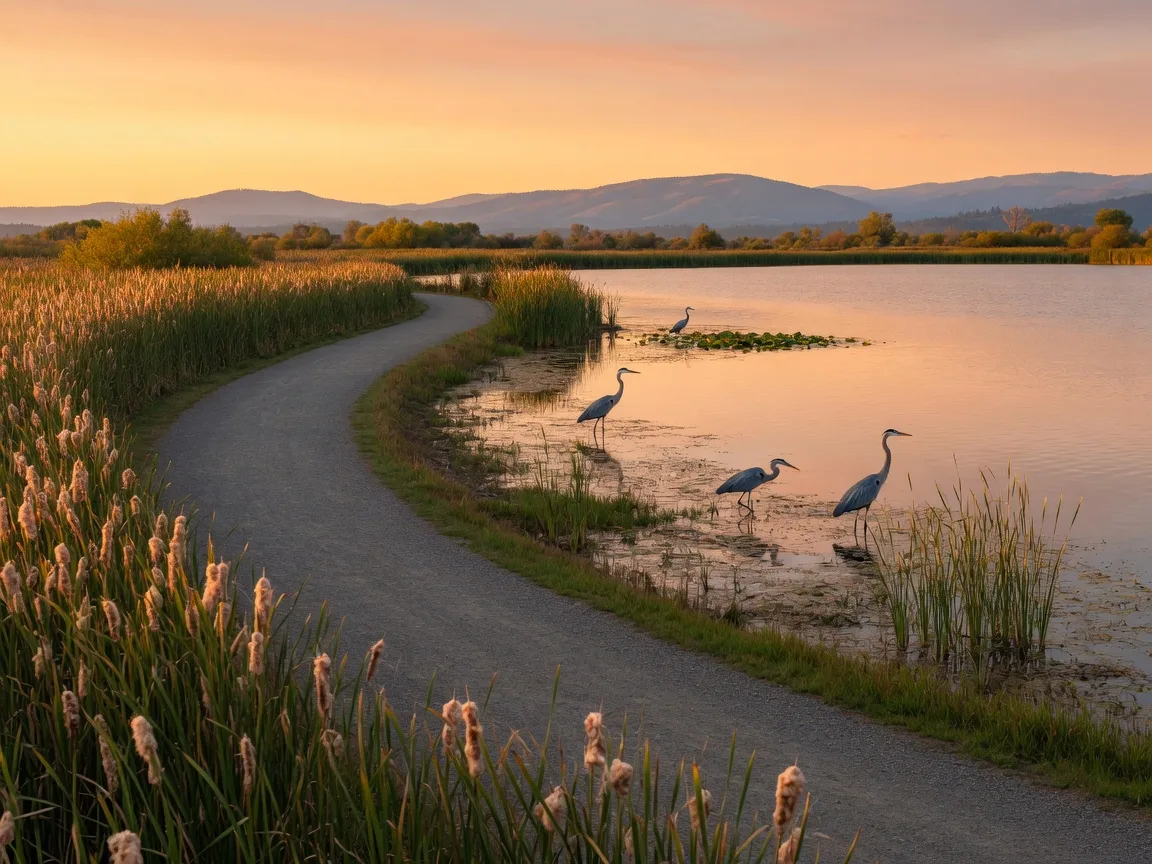 A gravel path along the calm lake at Fernhill Wetlands at golden hour with cattails and wading herons