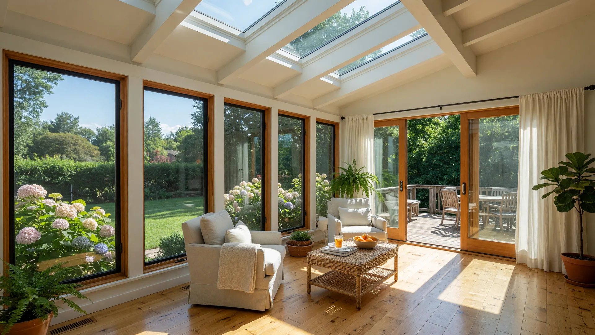 Bright airy sunroom addition with floor-to-ceiling windows, skylights, hardwood floors, and sliding glass doors opening to a backyard
