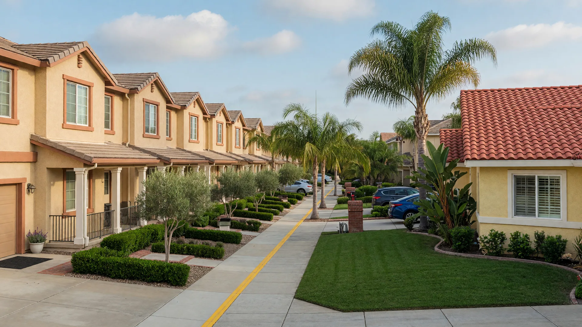 A sunny Southern California street with a two-story townhome complex on the left and a single-family home with a red tile roof and lawn on the right, comparing housing choices for first-time buyers in Murrieta and Temecula