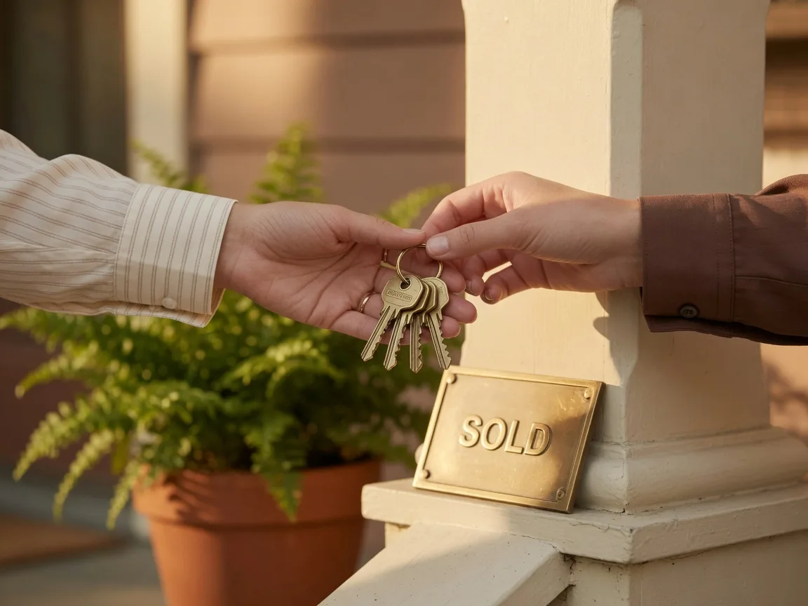 House keys being handed over beside a small sold sign