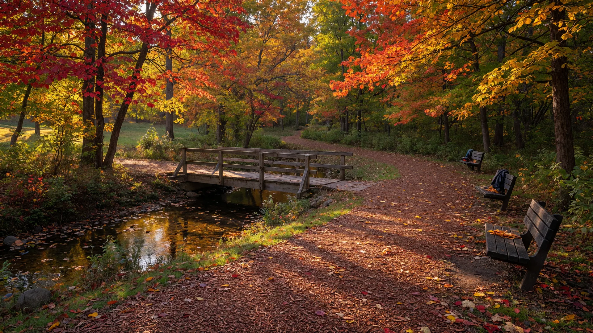 Autumn walking trail through a park