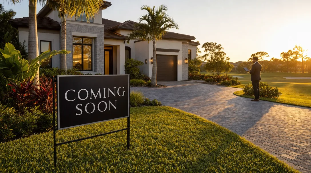 Luxury home at golden hour with a Coming Soon sign in the front lawn, representing a pre-listing marketing campaign in a golf course community