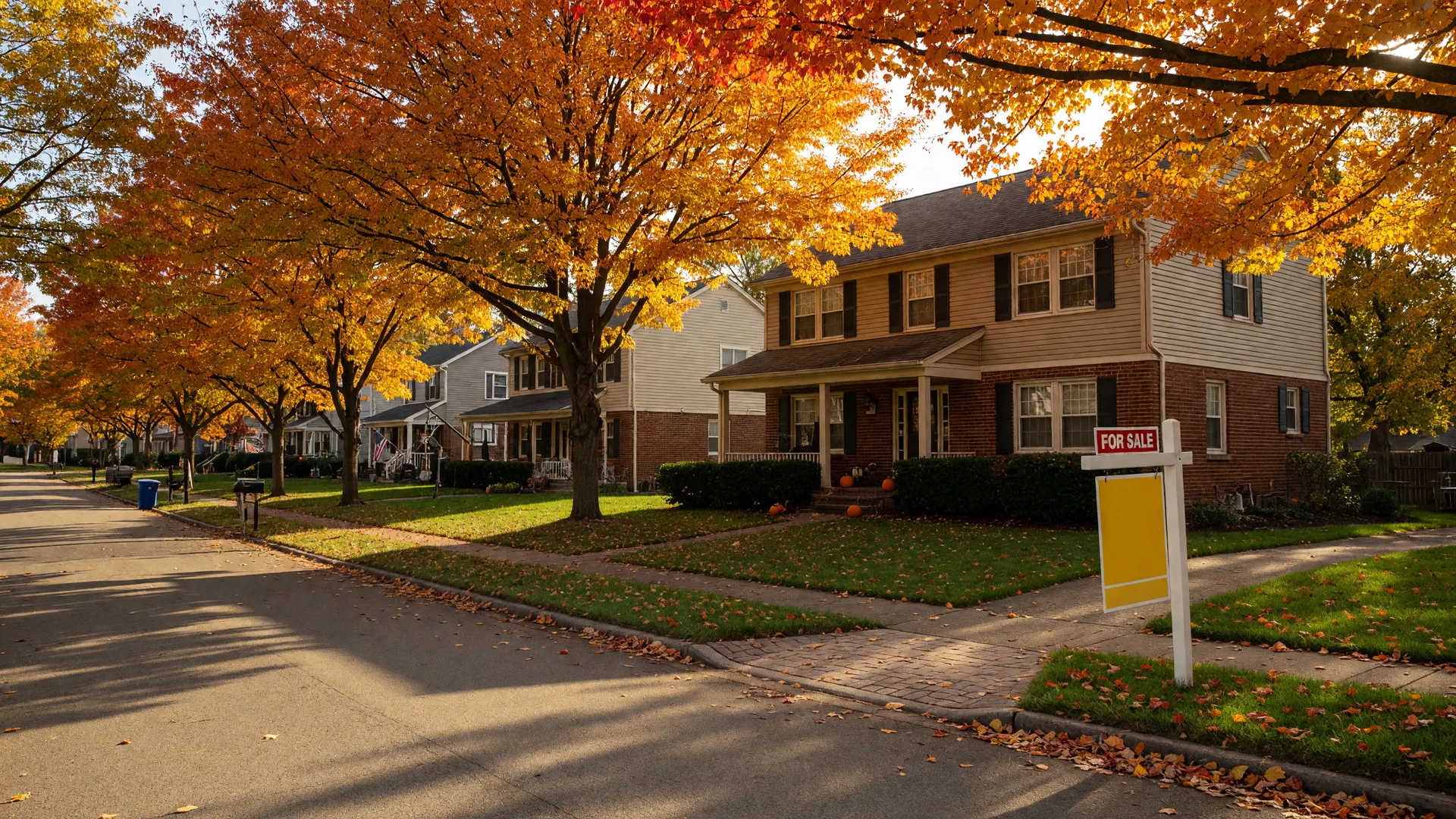A welcoming Cincinnati-area home with a For Sale sign on an October street lined with orange and amber trees