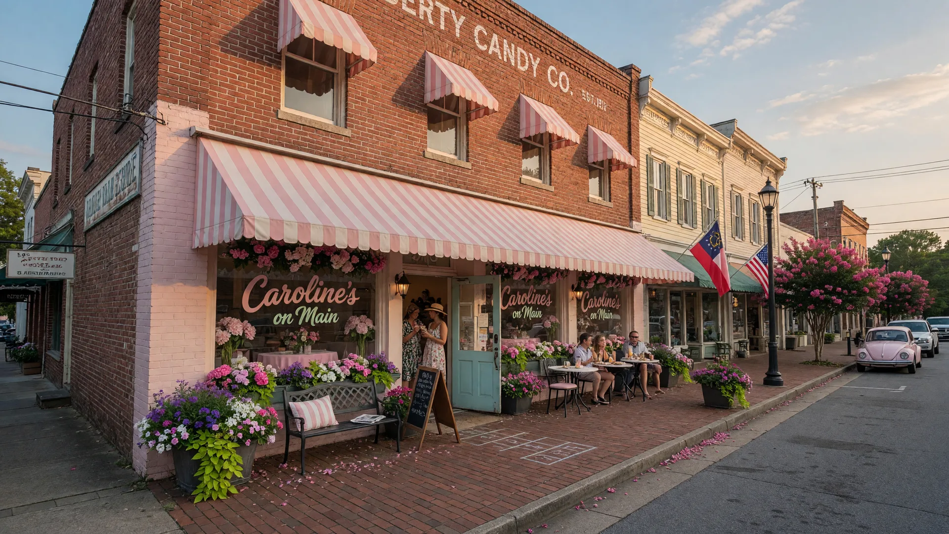 Caroline's on Main exterior on historic Main Street in Flowery Branch Georgia, a charming pink-themed breakfast and brunch restaurant