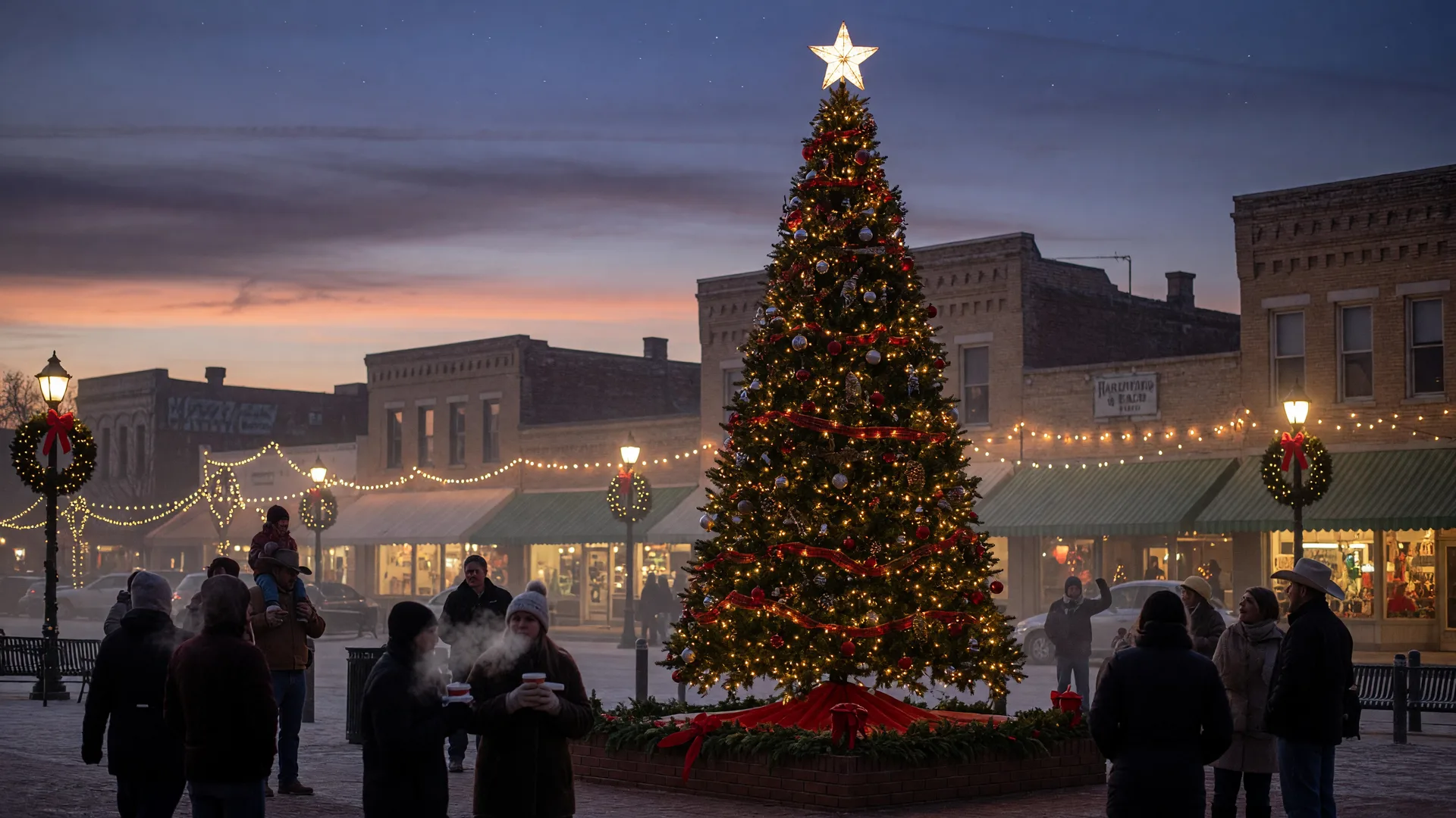 A downtown Texas square at dusk with a glowing community Christmas tree, brick storefronts strung with lights, and a gathered crowd