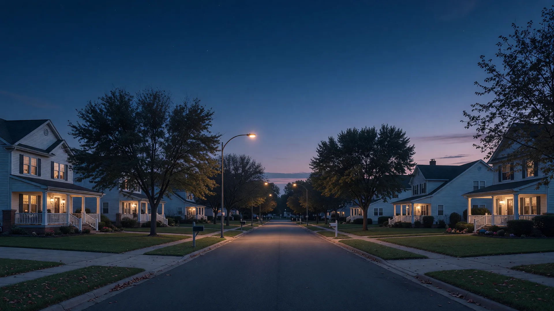 Quiet suburban street in Grand Blanc at dusk with warm windows glowing