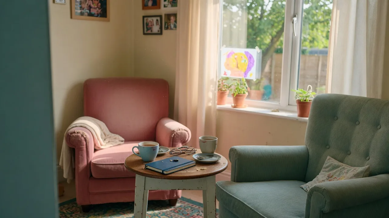 Two armchairs facing a bright window, the setting for the family conversation