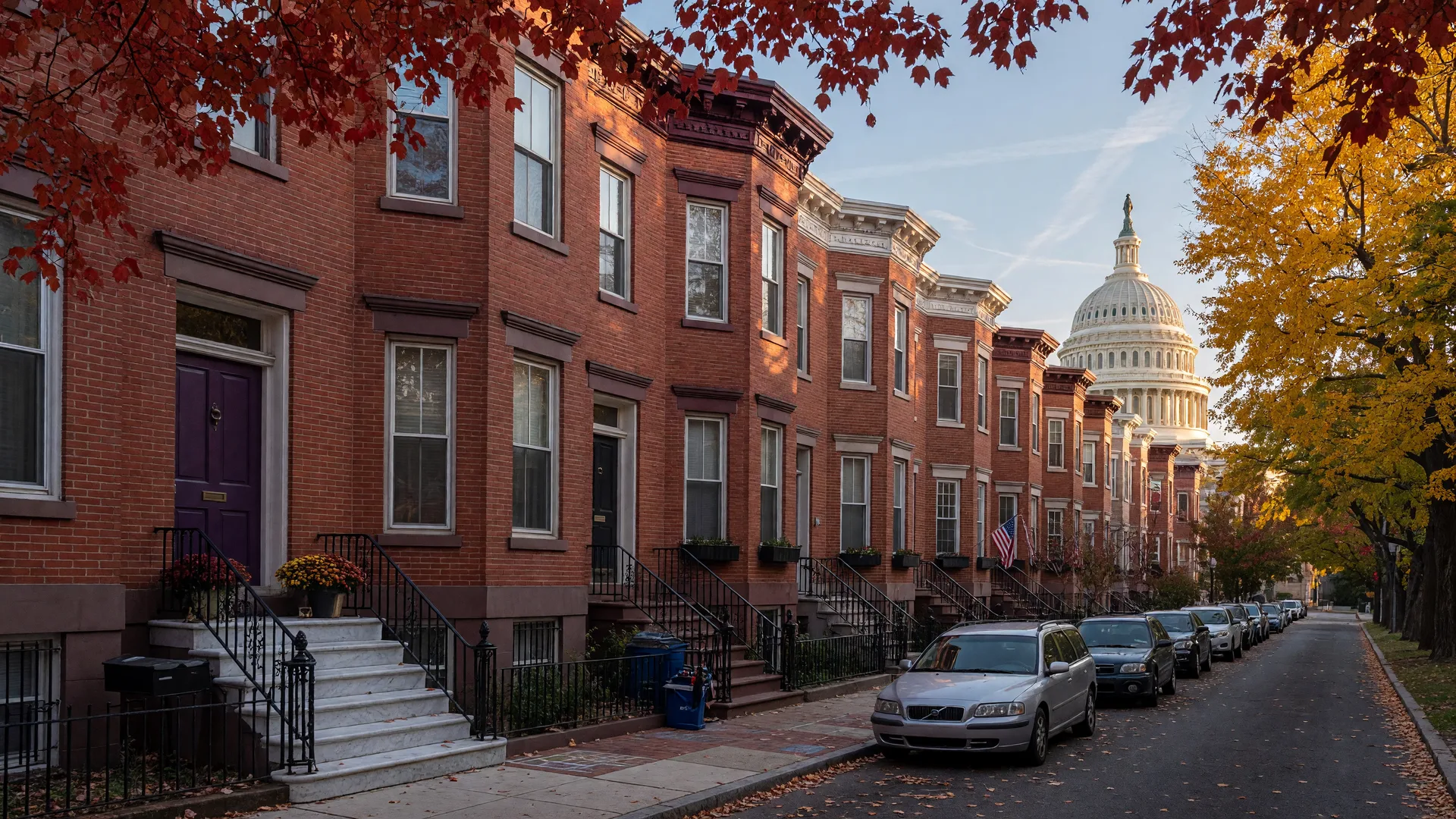 Classic brick rowhouses on a tree-lined street in the Capitol Hill neighborhood of Washington DC in early October, golden late-afternoon light on the facades, red and gold maples overhead, and a distant glimpse of the US Capitol dome