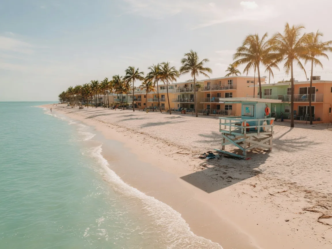 White sandy beach and turquoise waves in an affordable South Florida beach town with lifeguard stand and palm trees