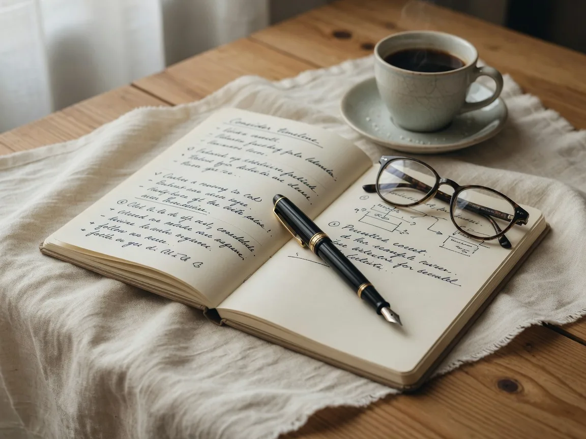 An open notebook with a fountain pen and reading glasses on a linen-covered wooden desk in warm window light