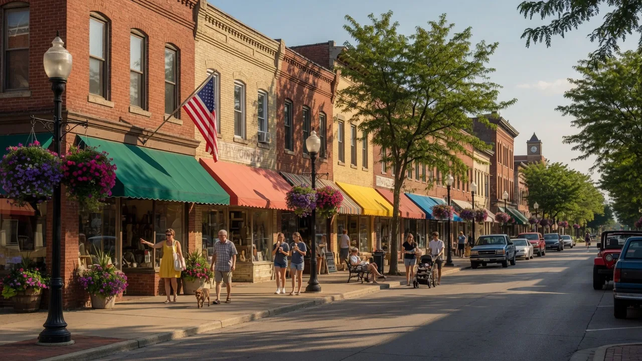 Downtown Wilmington, Ohio main street with historic brick storefronts, hanging flower baskets, and pedestrians on a warm late summer afternoon