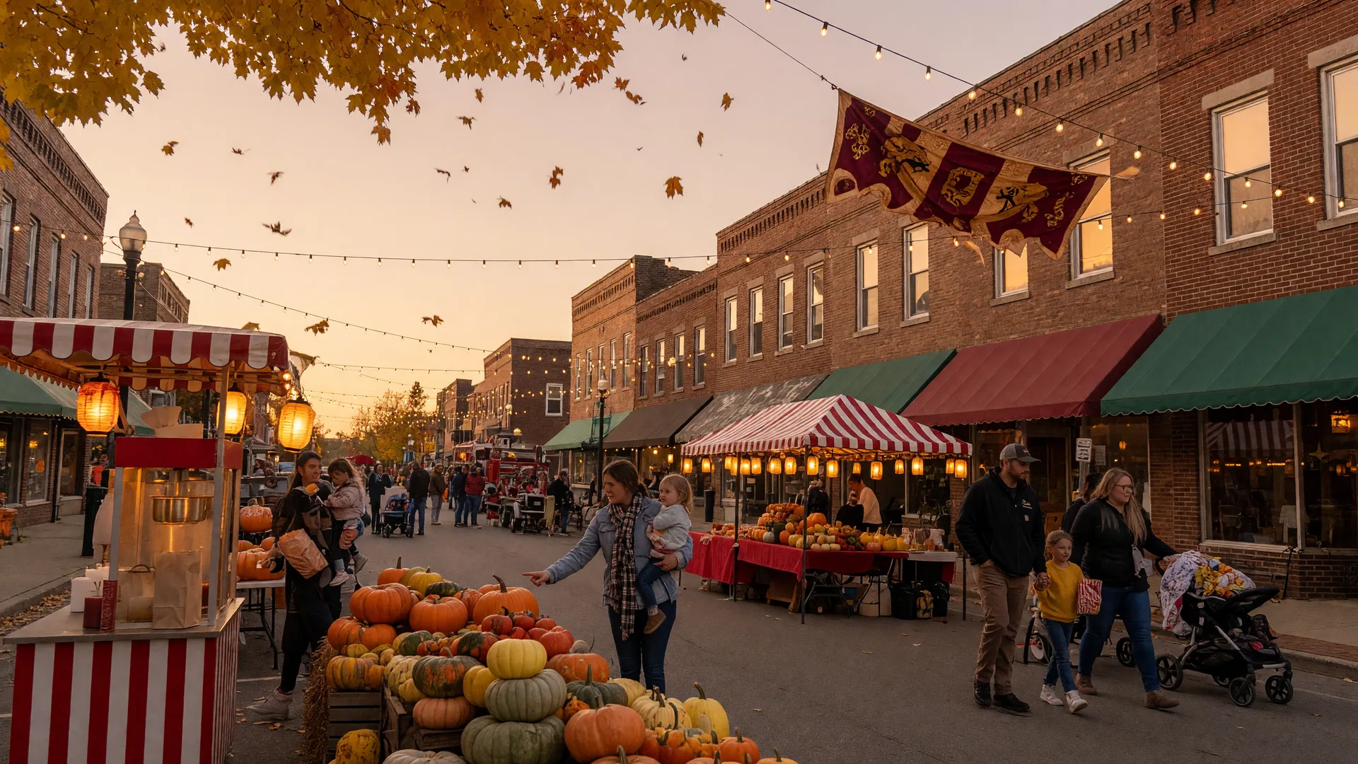A warm autumn afternoon on a small-town Ohio Main Street with vendor canopies, stacked pumpkins, glowing string lights, and families enjoying a festival atmosphere beneath early-turning maple leaves
