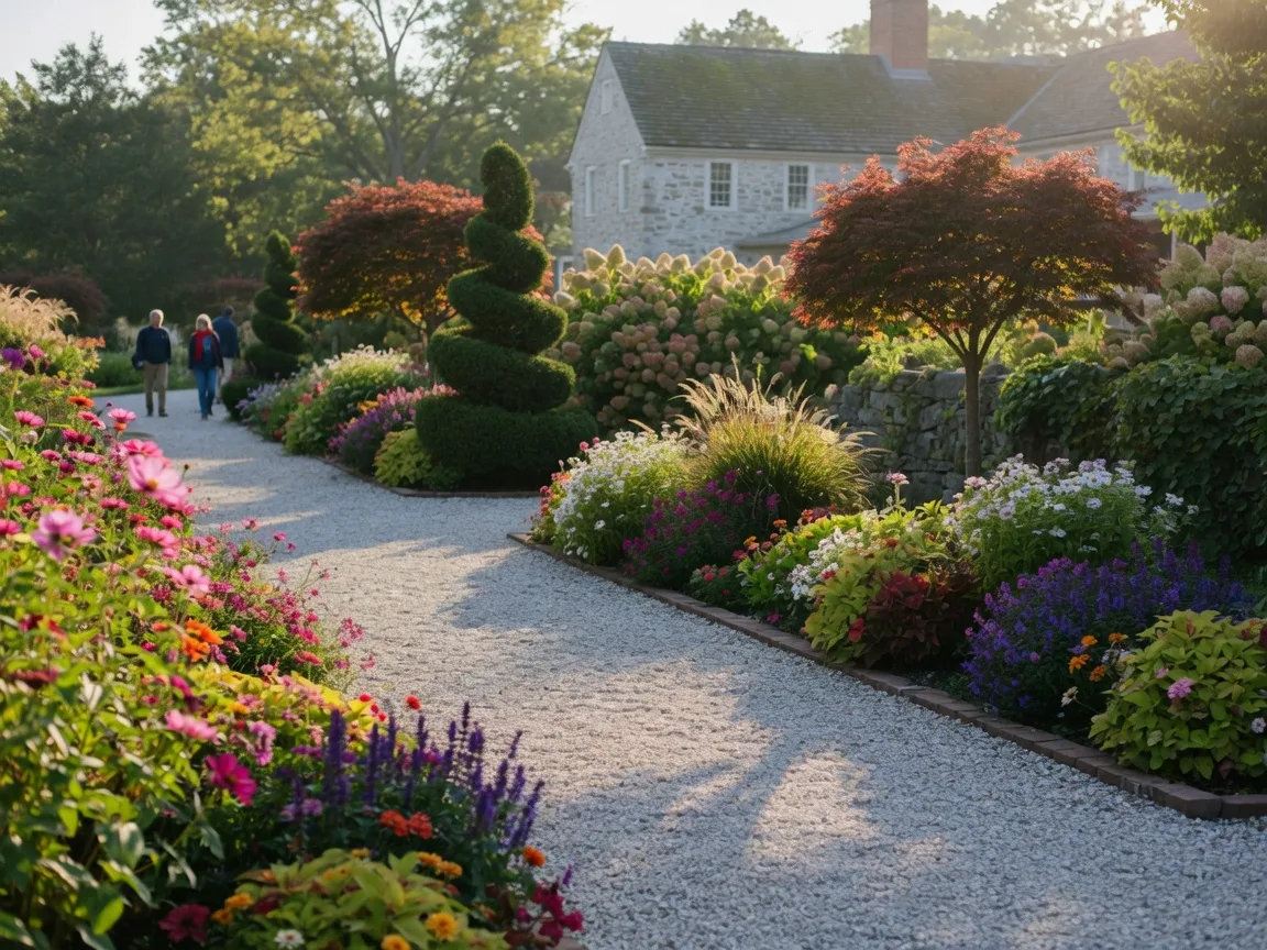 The gardens of PHS Meadowbrook Farm in Jenkintown on a crisp September morning, gravel paths wandering past colorful flower beds toward a historic stone estate house under golden light through the trees