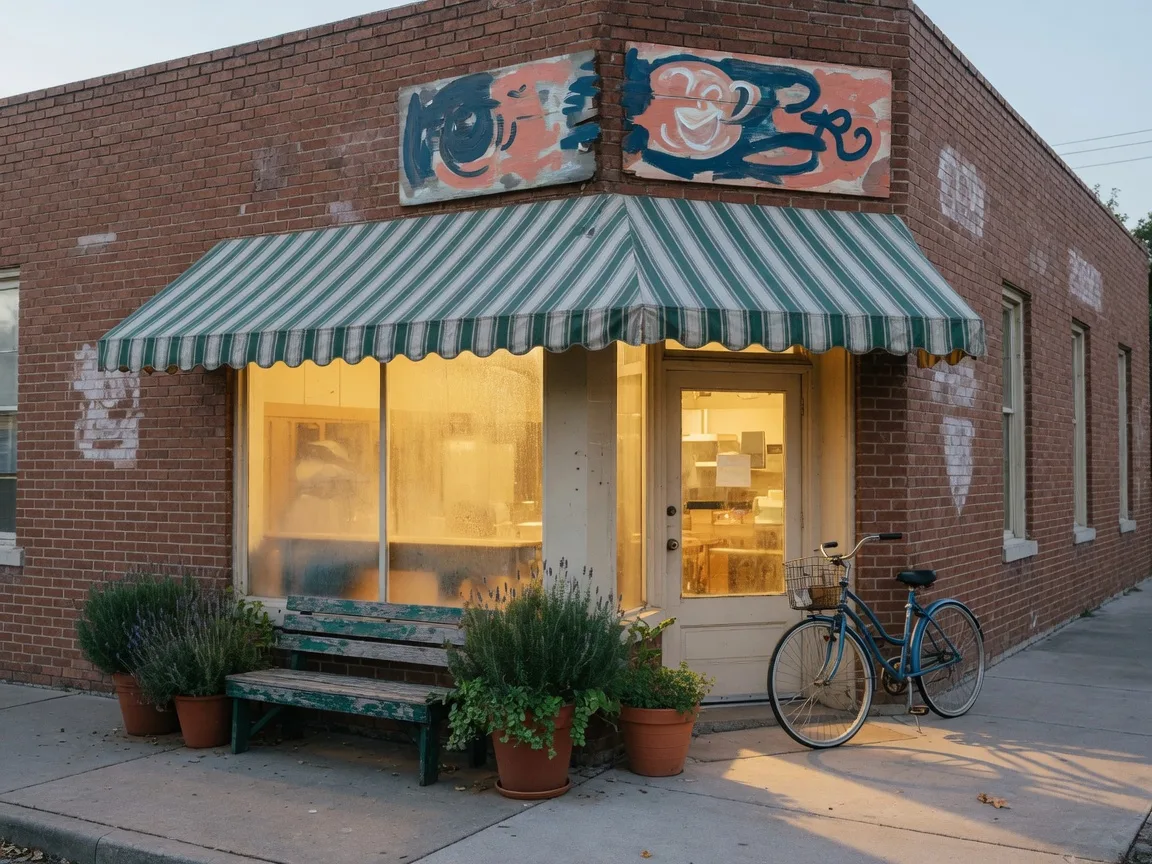 A small-town Texas coffee shop corner with a striped awning and warm window light