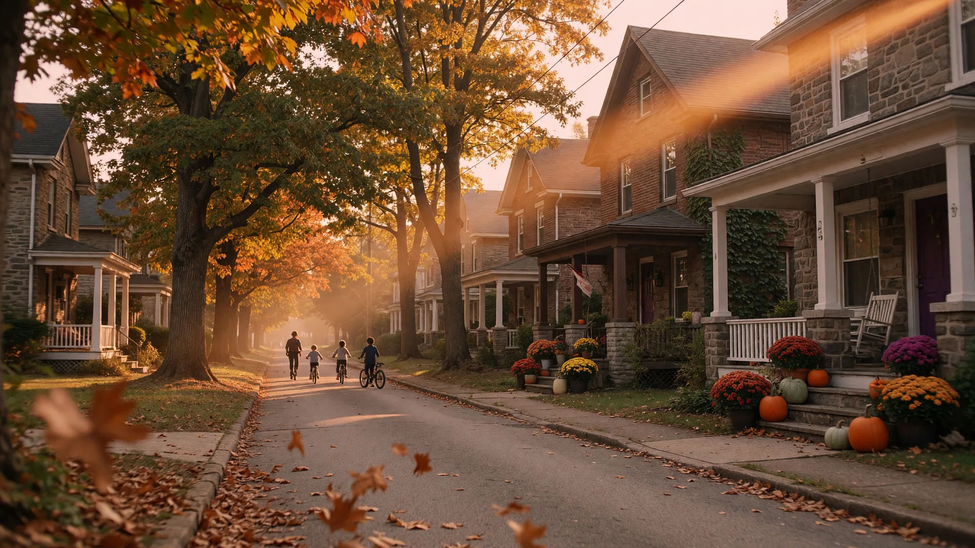 A tree-lined residential street in Rydal PA in late September with golden-hour light across historic stone and brick homes under mature oaks, pumpkins and mums on porches, and a family on bikes as distant silhouettes down the block