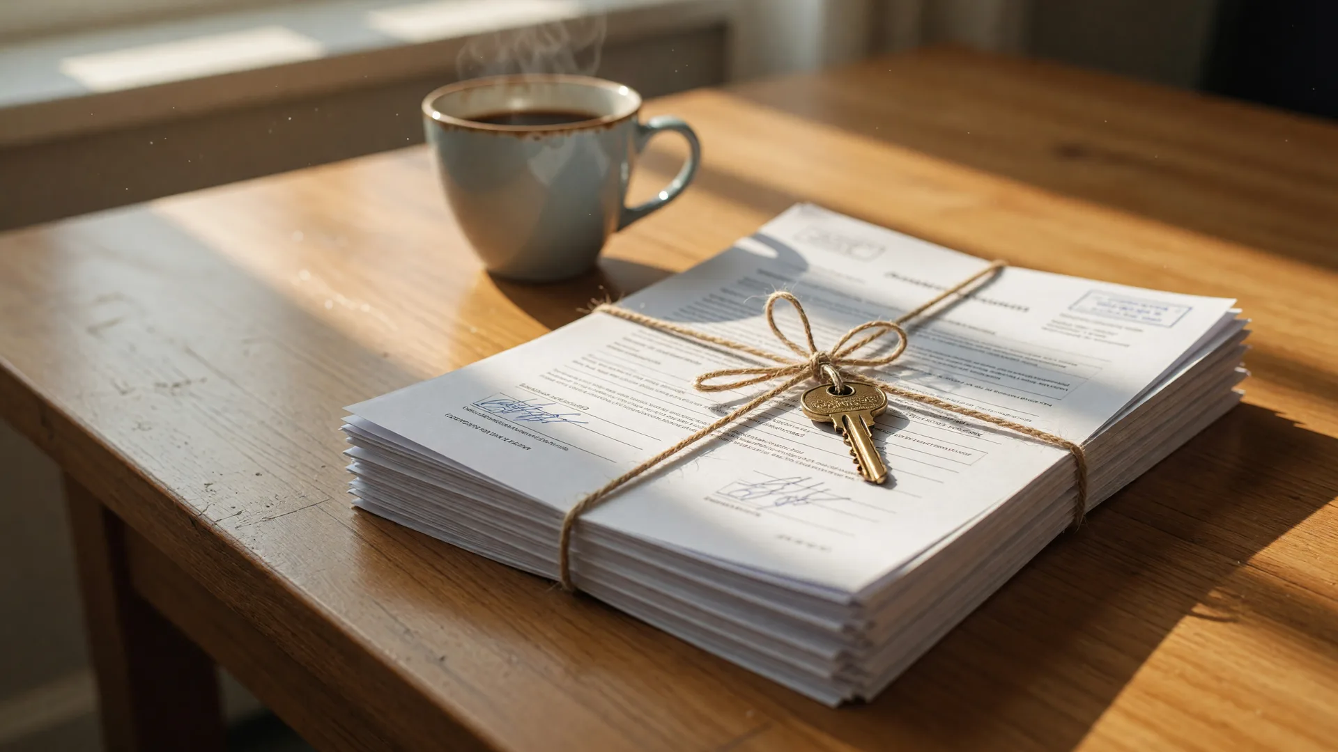 A twine-tied stack of real estate closing documents with a brass house key on a wooden desk, representing the cooling pace of contract signings