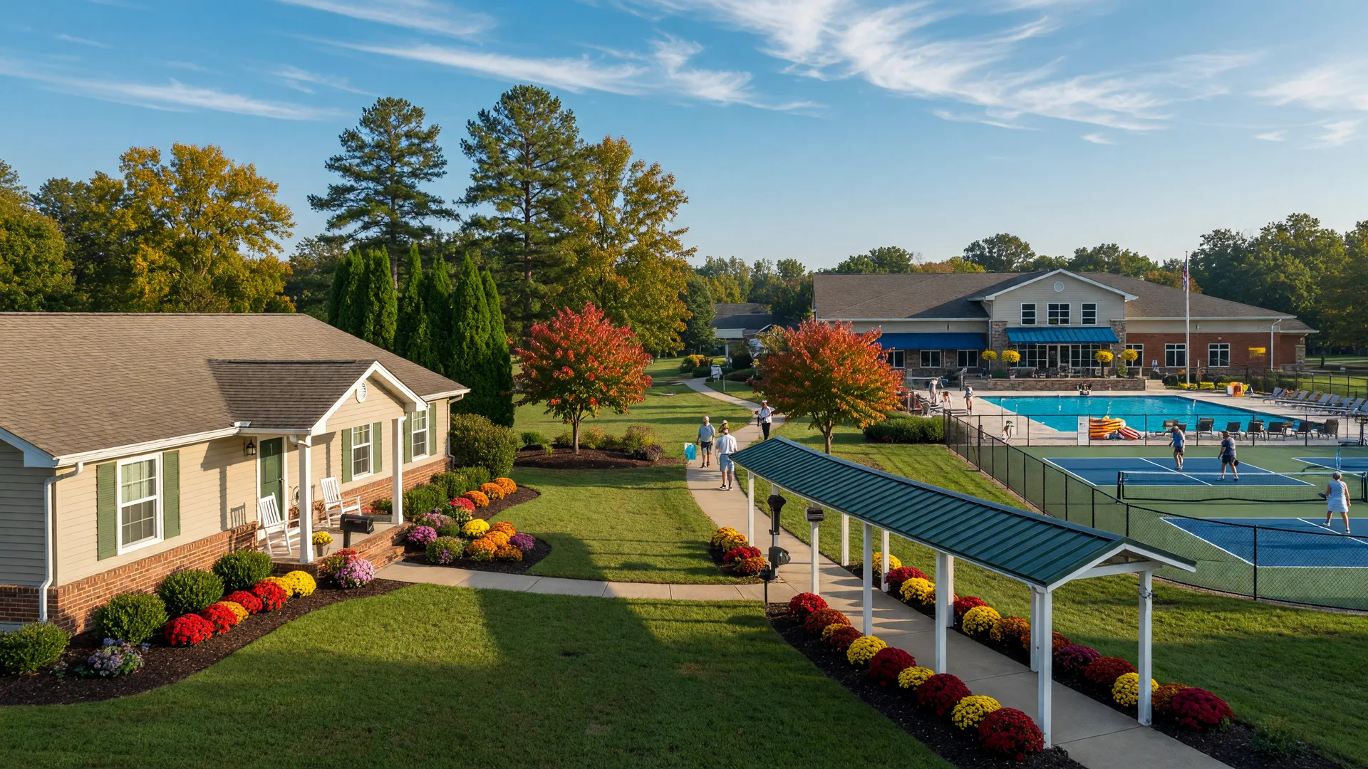 An active adult 55+ community in Indiana with a ranch-style home and a lifestyle clubhouse, pool, and pickleball courts in the distance