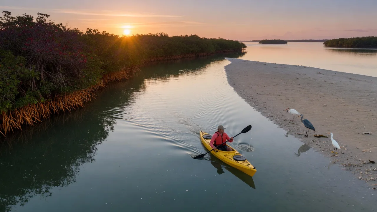 A single kayaker paddling across a calm, glassy Southwest Florida estuary at sunrise with a mangrove shoreline, a shallow sandbar, and a few wading birds