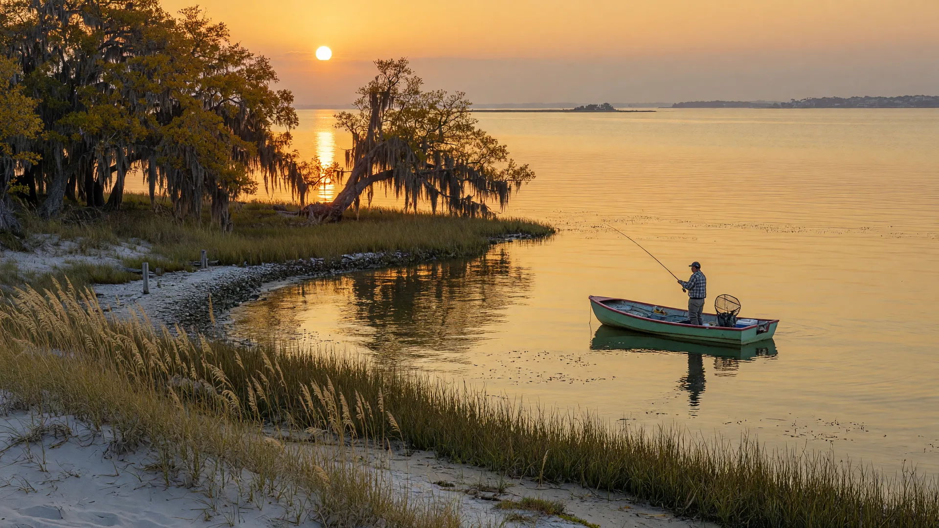 A small fishing boat drifting on calm golden water in the Mississippi Sound at sunrise, with live oaks draped in Spanish moss along the marshy shoreline and sea oats and dunes in the foreground