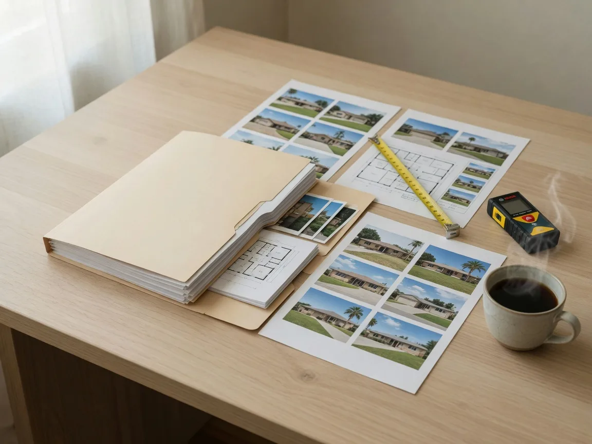 A light-wood desk with a home appraisal report in a manila folder, printed comparable-sales sheets with small photos of single-story homes, a folded floor plan, a steel measuring tape, a small laser distance meter, and a ceramic cup of coffee in soft window light