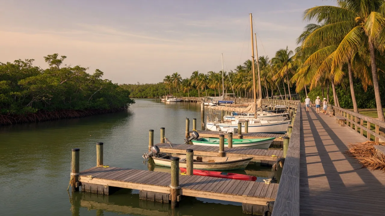 A Florida riverfront marina at late afternoon, with wooden docks, sailboats on calm green water, and palms along the shore.