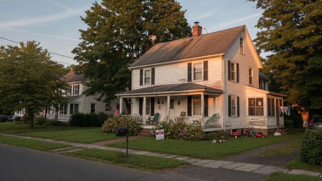A classic New England colonial home in a Connecticut neighborhood at golden hour, with an honest lived-in character that reflects decades of family memories