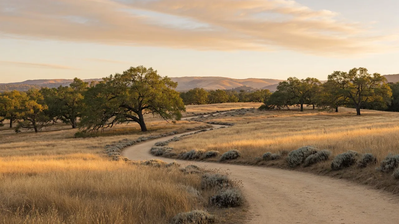 A dirt trail curving through golden grassland and live oaks toward a distant ridgeline