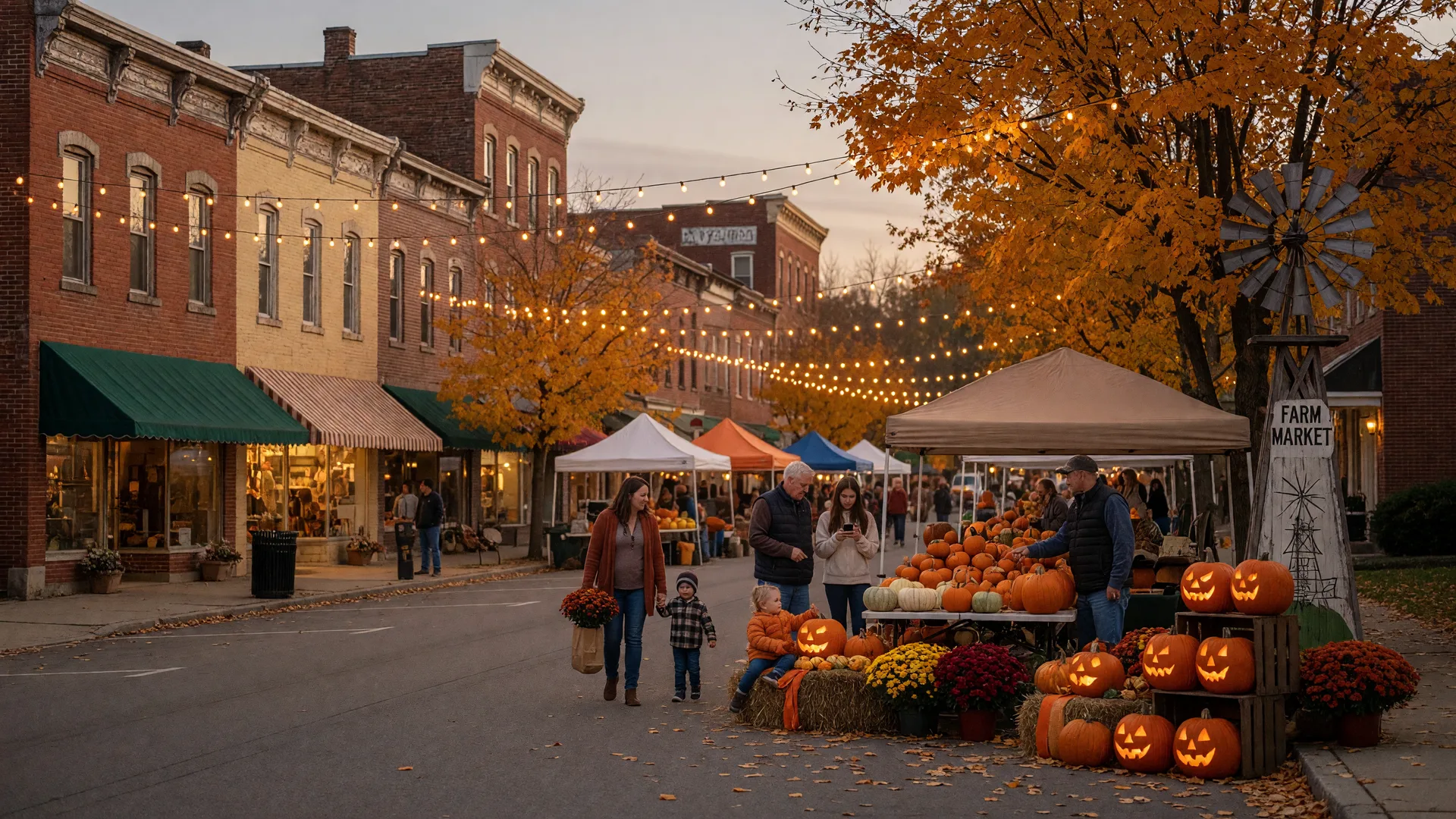 A warm early-October evening on a historic small-town Ohio main street in Warren County with glowing string lights, vendor canopies of pumpkins and mums, a windmill farm market sign, and orange and gold maples