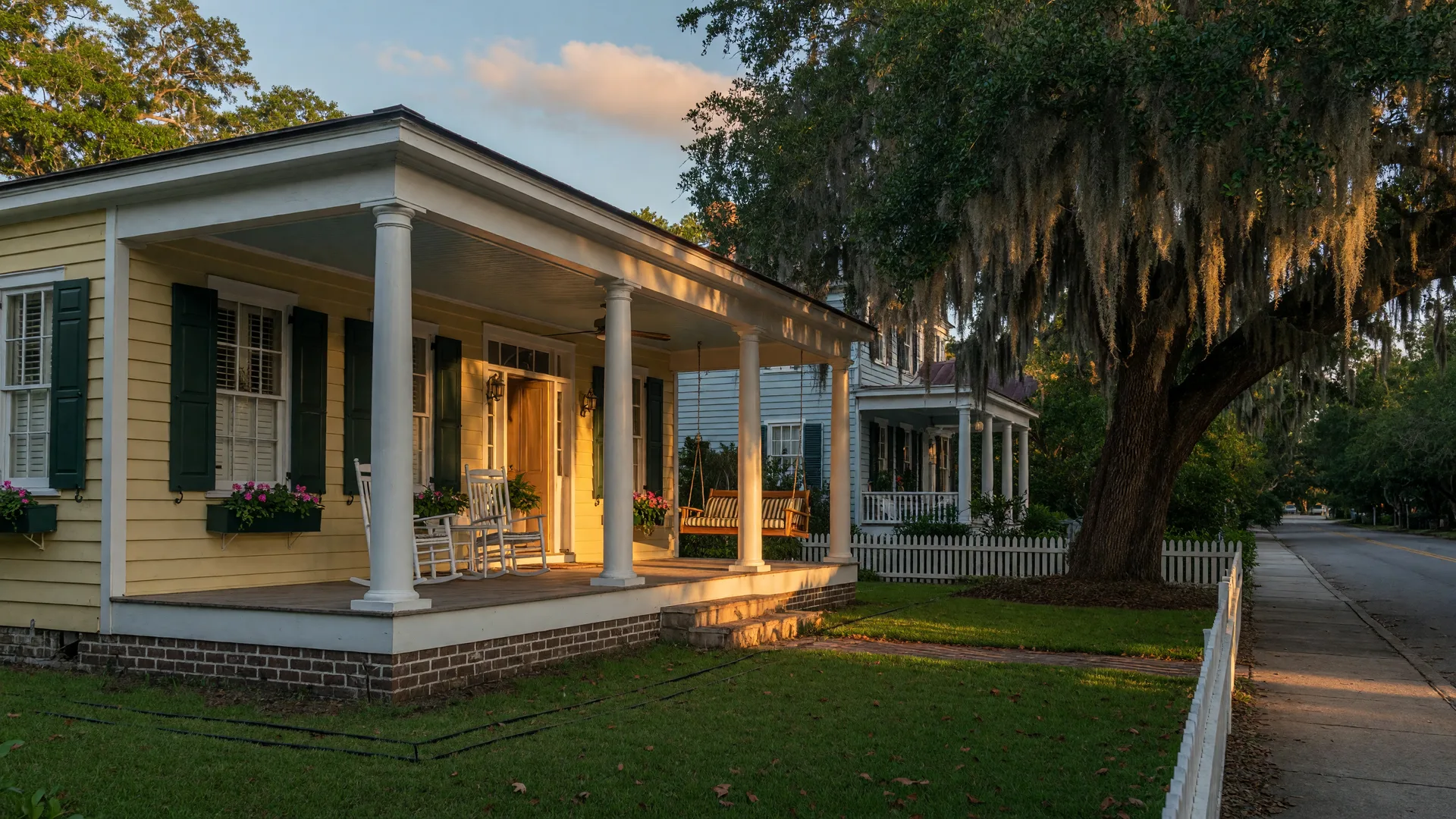 Classic Charleston porch-front home on a tree-lined Lowcountry street in warm late-afternoon light, live oaks draped with Spanish moss