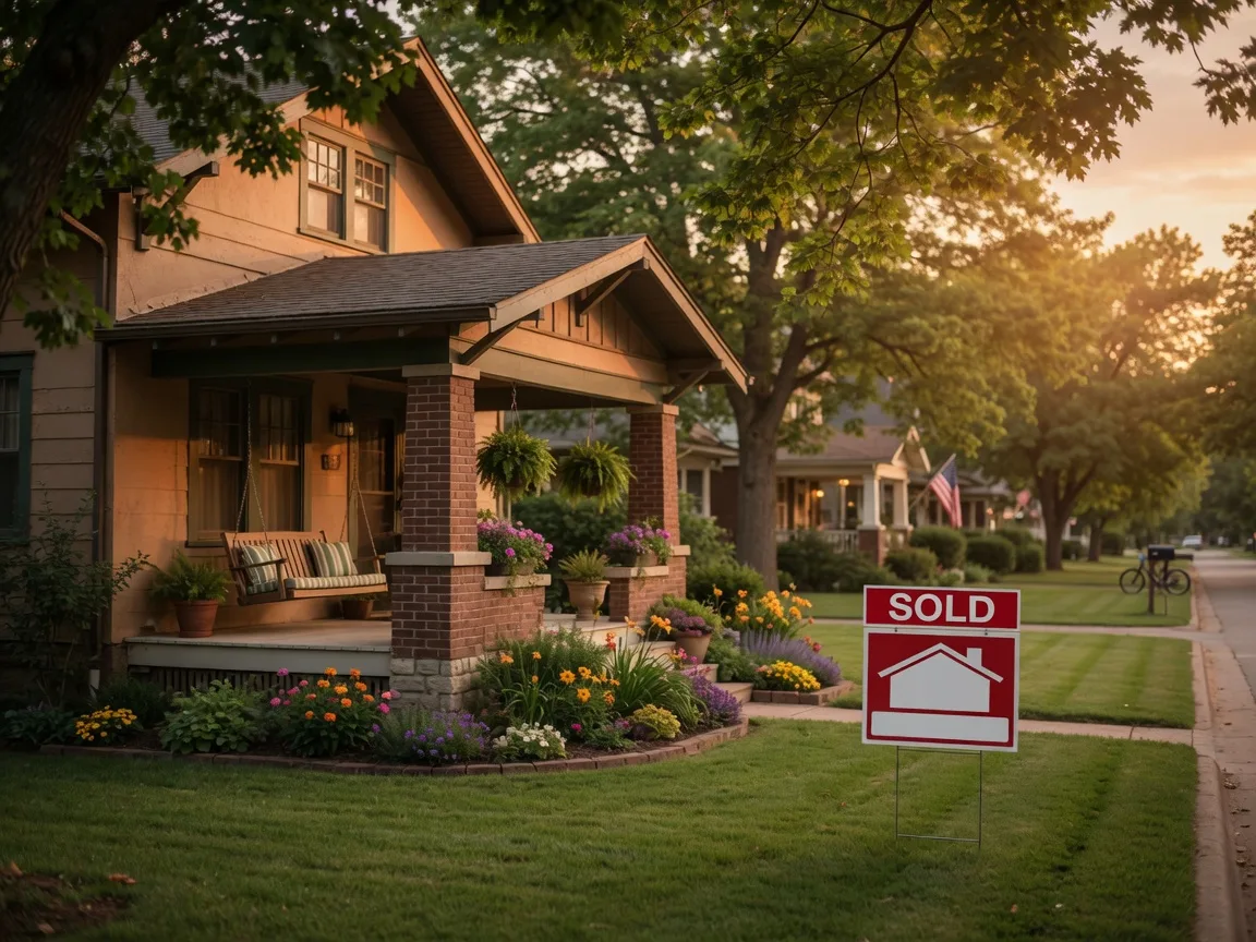 Charming craftsman-style home in a Tulsa neighborhood with a sold sign at golden hour